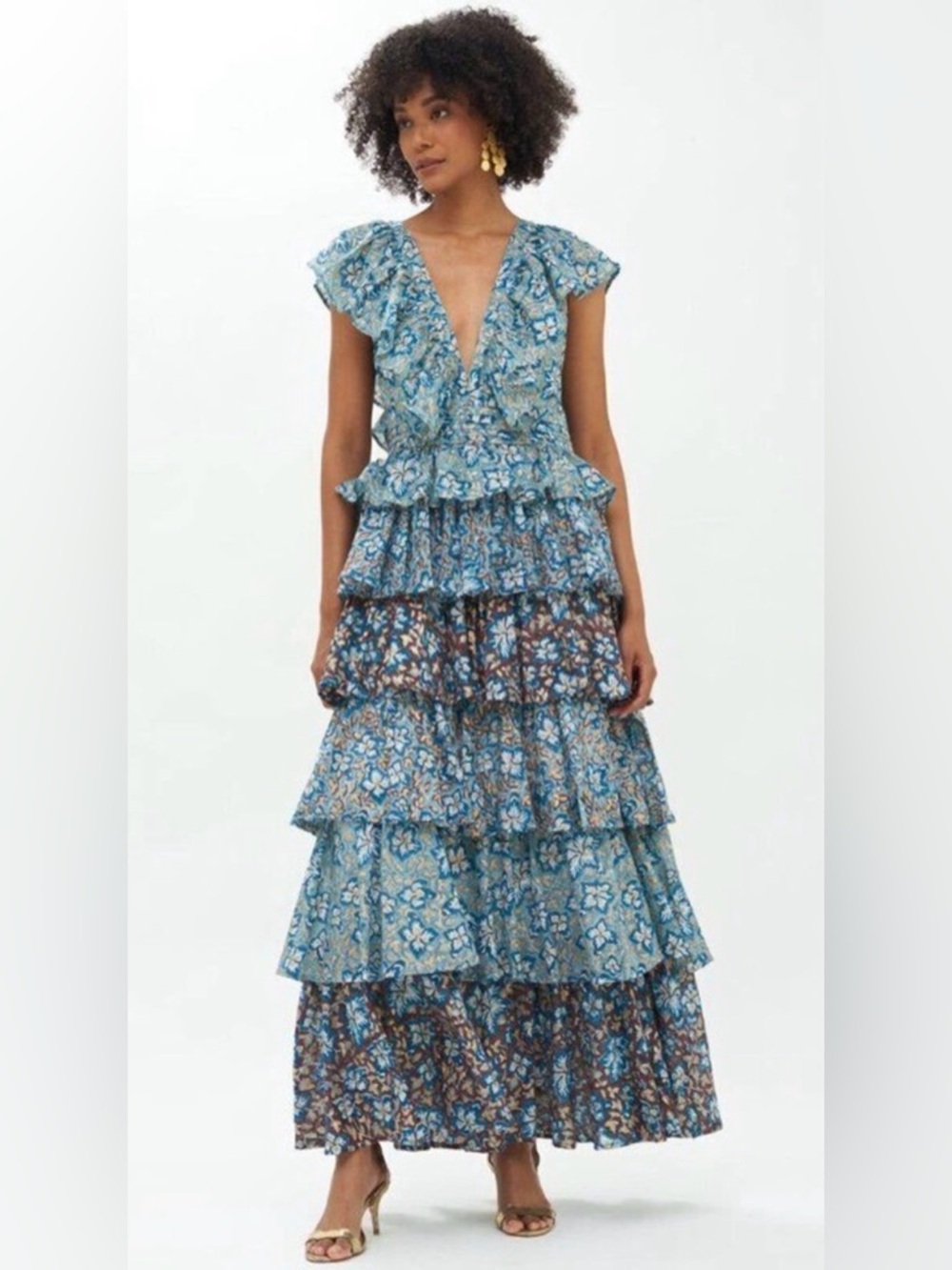 Oliphant NWOT Yoke Ruffle Maxi Ivy Blue Gold Color‎ Floral Tiered  Dress Small